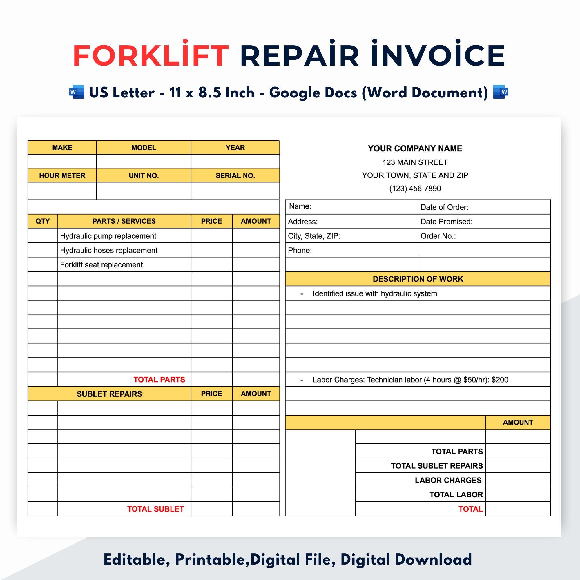 フォークリフト修理請求書 - メンテナンスサービス請求書テンプレート - Etsy 日本