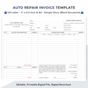 Auto Repair Invoice Template, Estimate and Invoice Form