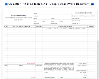 Auto Repair Invoice Template, Estimate and Invoice Form