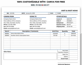 Debit and Credit Memo Form Template, Canva Template