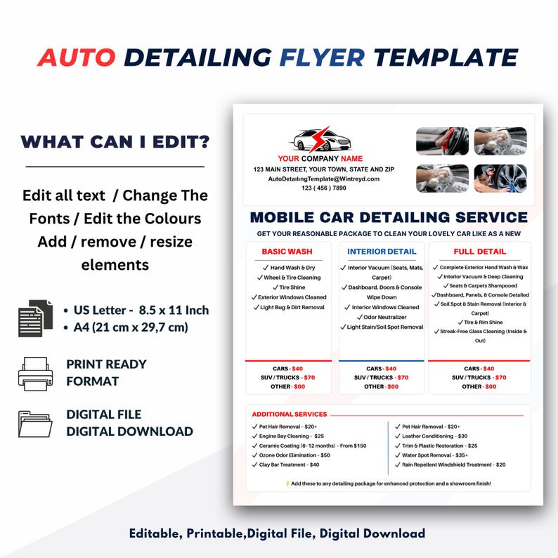 Auto Detailing Flyer Template | Mobile Car Wash & Detailing Service Marketing Flyer | Editable Canva Template