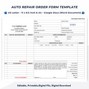 May include: A white auto repair order form template with blue accents. The form includes sections for customer information, vehicle details, and a description of work. Text includes "Auto Repair Order Form Template" and "Editable, Printable, Digital File, Digital Download."
