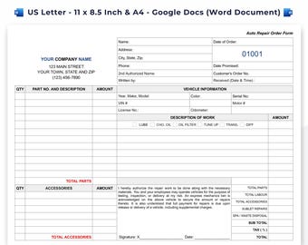 May include: A white auto repair order form template with blue accents. The form includes sections for customer information, vehicle details, and a description of work. Text includes "Auto Repair Order Form Template" and "Editable, Printable, Digital File, Digital Download."