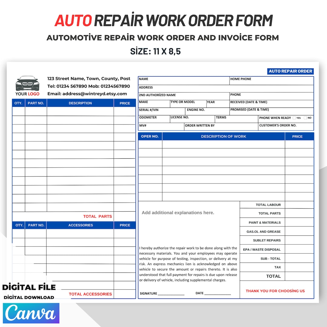 auto repair work order and invoice form, auto repair order form