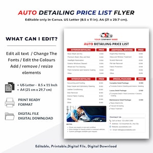 Auto Detailing Price List Flyer Template, Mobile Car Detailing Template, Canva Template