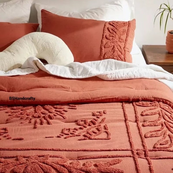 3 Piece Boho Tufted Bedding Set, King/Queen/Full/Twin Size Cotton Duvet Cover Set, Rust Red Quilt Comforter Cover With 2 Pillowcases.