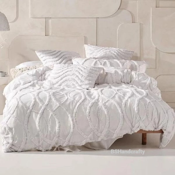 3 Piece Cotton Tufted Duvet Cover Set, Super White Bedding Set, Queen Quilt Comforter, Home Decor Washed Duvet Set Includes Two Pillowcases