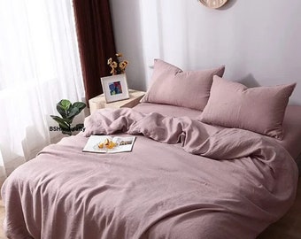 Linen Duvet Cover in Dusty Rose - Stonewashed Linen Comforter cover Washed linen bedding Custom sizes Boho quilt cover with pillowcase set