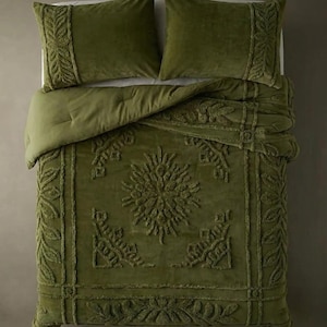 Moss Green 3 Piece Boho Tufted Bedding King/Queen/Twin Size Cotton Duvet Cover Set, Quilt Comforter Cover With Pillowcases.