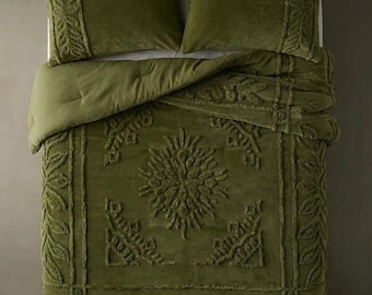 Parure de lit capitonnée bohème 3 pièces vert mousse pour grand lit, grand lit double, housse de couette en coton, housse de couette et taies d'oreiller.