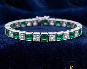 Emerald Diamond Tennis Bracelet, Alternating Princess Cut, 925 Sterling Silver, Bridal Jewelry
