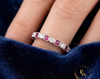 Sterling Silver Princess Cut Ruby Diamond Eternity Band, Milgrain Ring