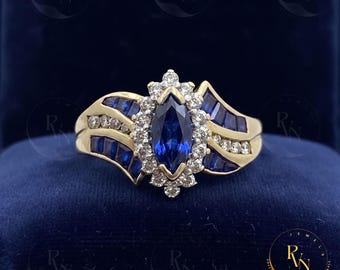 Marquise Blue Sapphire Diamond Ring, 925 Sterling Silver Statement Cocktail Ring