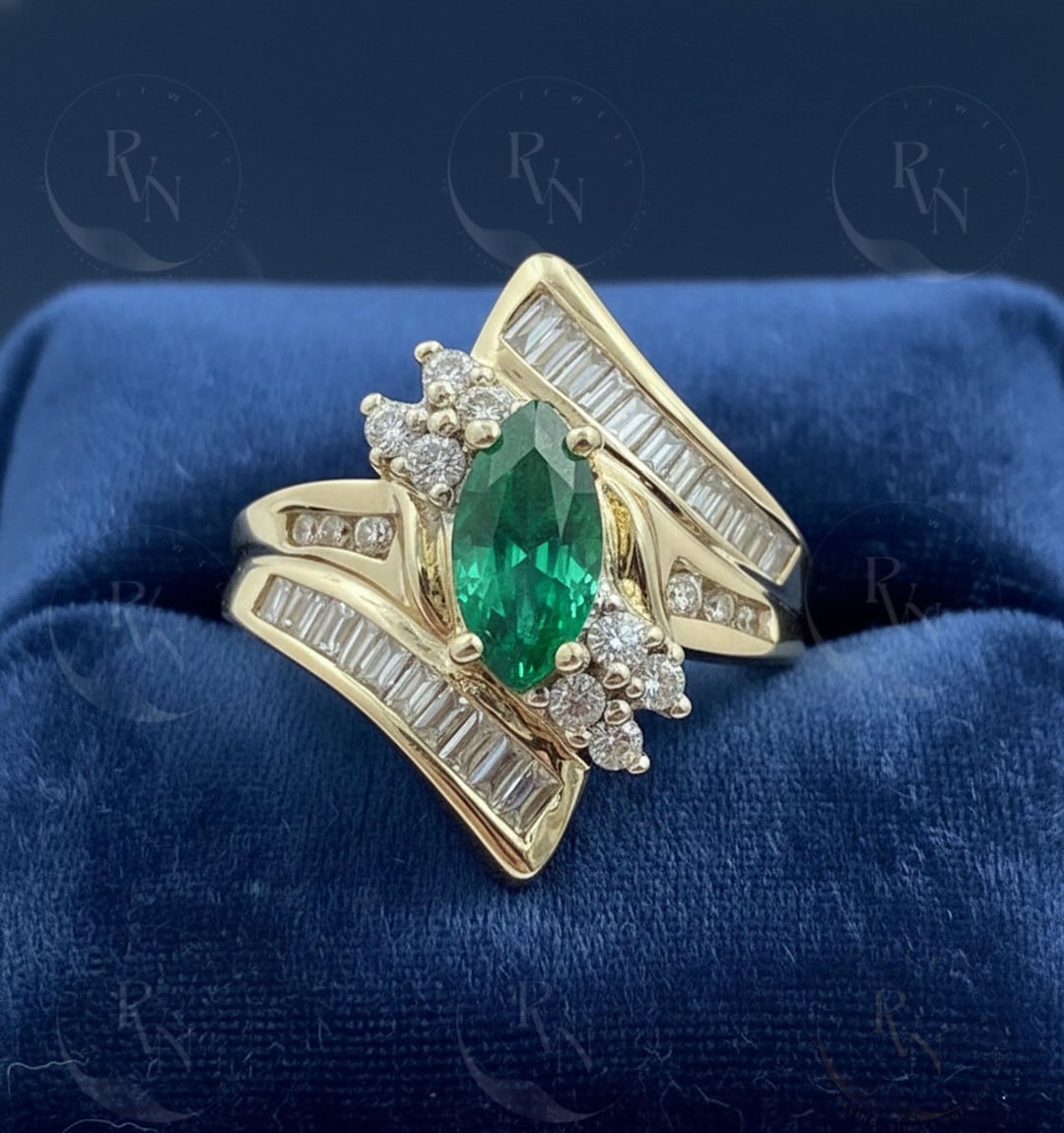 Marquise Emerald & Diamond Ring | 14K Gold Plated Sterling Silver - Etsy
