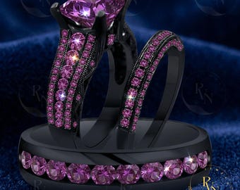 Purple Amethyst Trio Ring Sterling Silver Princess Cut Engagement Band Couples Matching His Hers