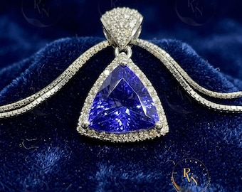 Trillion Cut Tanzanite Halo Pendant, 925 Sterling Silver Necklace, December Birthstone