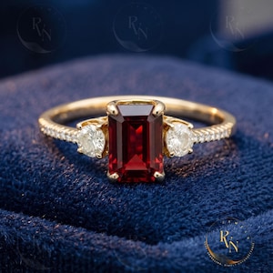 Emerald Cut Garnet Ring, Three Stone Diamond Accents, Sterling Silver Statement Jewelry