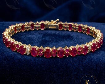 Oval Ruby Tennis Bracelet, Sterling Silver, Art Deco Style, July Birthstone Jewelry