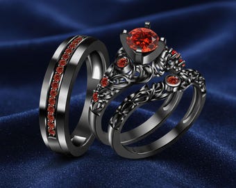 Black Sterling Silver Gothic Wedding Ring Set with Red Garnets, Filigree Vintage Style Bands