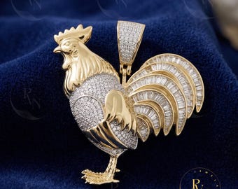 Rooster Pendant Animal Charm with Baguette Stones, Lucky Zodiac Necklace, Unique Statement Pendant