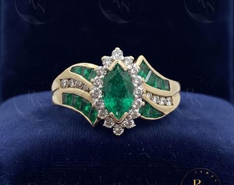 Marquise Emerald Diamond Ring, Sterling Silver Statement Cocktail Ring