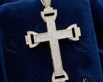 925 Sterling Silver Pave Diamond Cross Pendant, Statement Religious Jewelry, Unisex Gold Cross