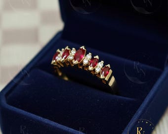 Sterling Silver Marquise Ruby Ring, Diamond Half Eternity Band