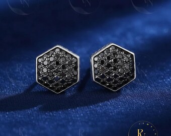 Black Diamond Hexagon Studs • Sterling Silver Geometric Earrings