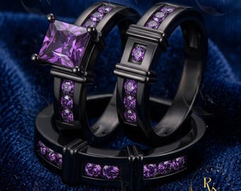 Purple Amethyst Trio Ring Set, Sterling Silver Princess Cut Engagement Band