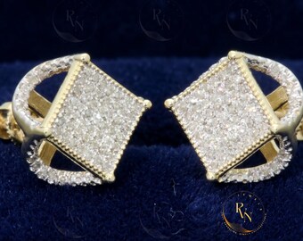 Sterling Silver Diamond Square Stud Earrings, Geometric White Gold Plated