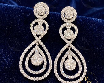 Sterling Silver Diamond Teardrop Cluster Dangle Earrings | Created Round VVS1 White Stones