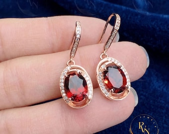 Oval Garnet Halo Dangle Earrings, 925 Sterling Silver, January Birthstone Jewelry