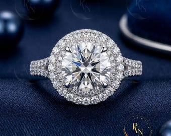 Double Halo Round Diamond Engagement Ring – Split Shank 925 Sterling Silver Bridal Ring