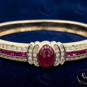 Art Deco Oval Ruby Diamond Bangle Bracelet, Sterling Silver Statement Hinged Cuff