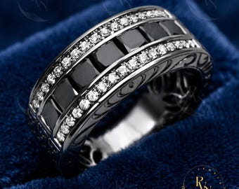 Sterling Silver Black CZ Band Ring, Masculine Statement Wedding Band