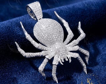 Sterling Silver Spider Pendant, Realistic Arachnid Charm, Gothic Statement Necklace, VVS1 Diamond Accent