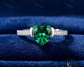 Heart Shaped Emerald Ring, Sterling Silver Stacking Ring, Created Diamond Accents