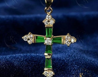 Emerald Cross Pendant, Baguette Cut Gemstone Necklace, 925 Sterling Silver Religious Jewelry