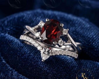 Oval Garnet Diamond Sterling Silver Bridal Set, Pear Cut Anniversary Ring Her
