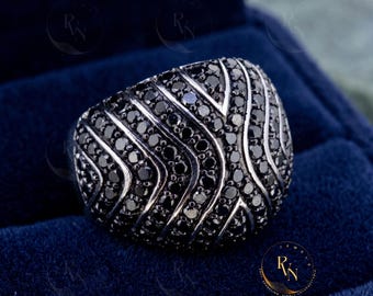 Sterling Silver Black Diamond Pave Wide Band Ring, Bold Cocktail Jewelry