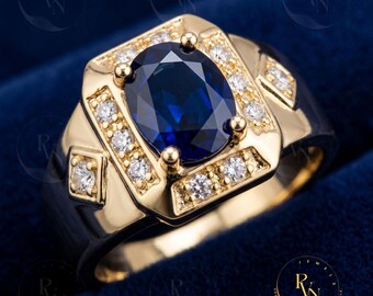 Men's Oval Blue Sapphire Ring, 925 Sterling Silver, CZ Accents, Gentleman's Statement Ring
