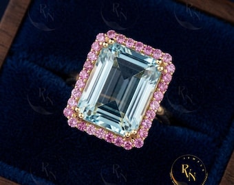 Emerald Cut Aquamarine Ring, Pink Sapphire Halo, 925 Sterling Silver Cocktail Ring