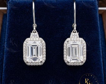 Emerald Cut Halo Drop Earrings, Sterling Silver Created Diamond Bridal Jewelry