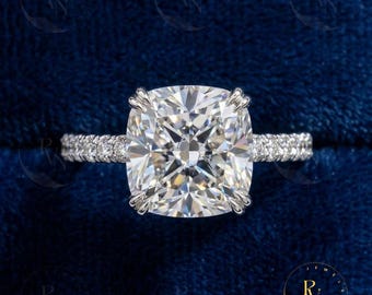 Cushion Cut Solitaire Ring, Pave Band, Hidden Halo, Sterling Silver Engagement Ring