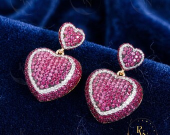 Pave Heart Dangle Earrings, Ruby Red Sterling Silver, Romantic Statement Jewelry