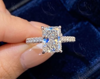 Radiant Cut Pave Band Ring, Created Diamond Simulant, 925 Sterling Silver Bridal Jewelry