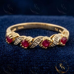 Dainty Ruby Diamond Twist Band, Sterling Silver Wedding Ring, Pink Gemstone Eternity Band