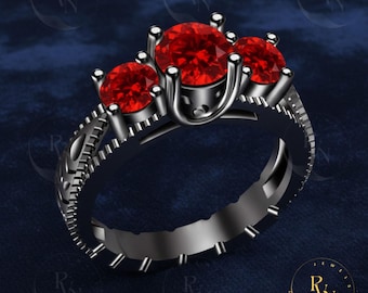 Garnet Three Stone Ring, Black Gold Plated Filigree, Sterling Silver