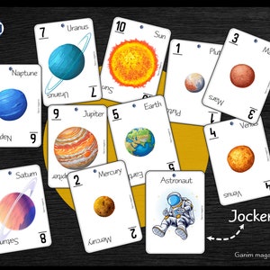 Planeten met ruimtethema, speelkaarten, 'oorlogsspel', bijpassende getallen tellen 1-10 zonnestelsel
