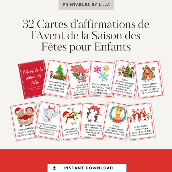 Cartes d'affirmations de l'Avent de la Saison des Fêtes pour enfants | 32 cartes d'affirmation imprimables | Cartes de motivation